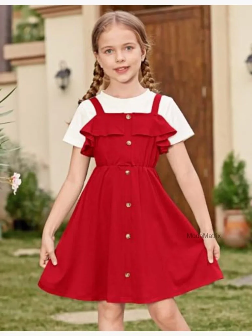 Girls Spaghetti Strap Cold Shoulder Ruffle Button Down A-Line Midi Dress